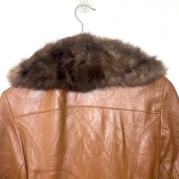 Vintage 70’s Cognac Leather Trench Coat Short Fur Collar Size 14 - Picture 10 of 15